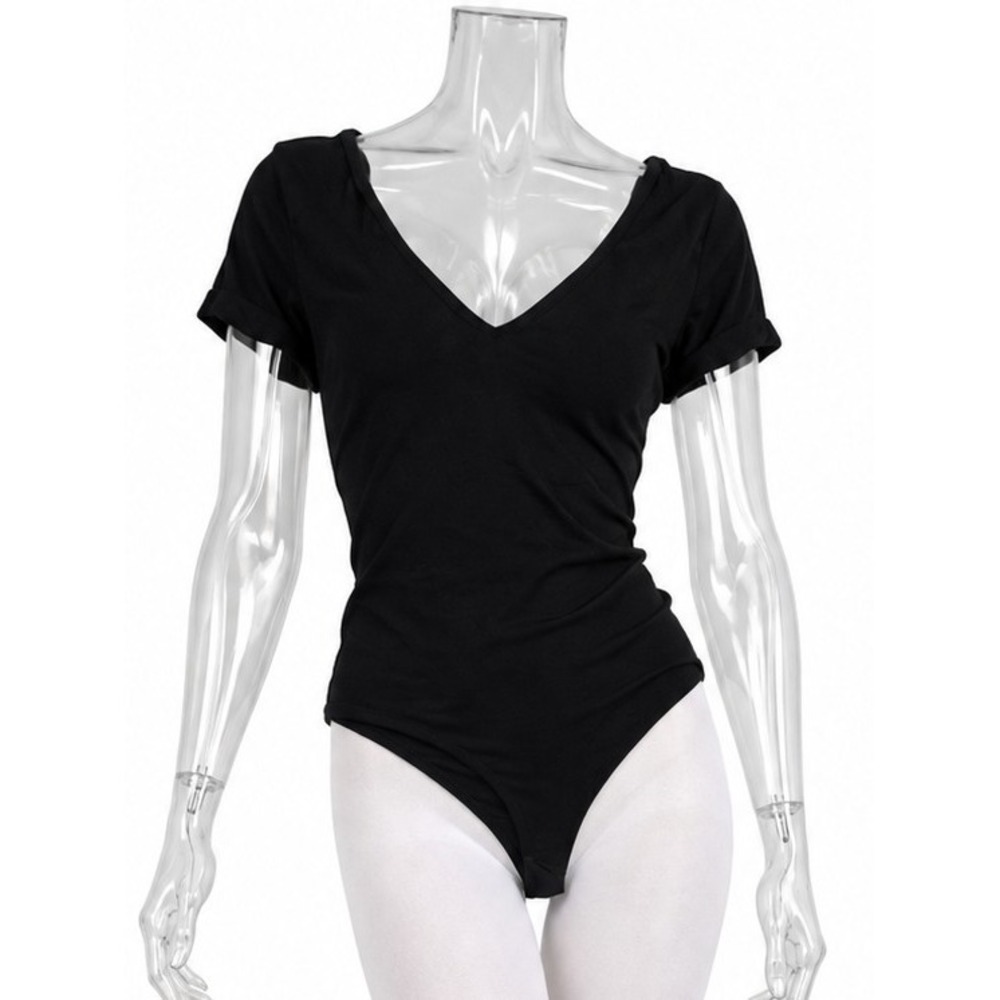 Mind Code Black Bodysuit V-Neck Short Sleeve Casual Top SKUW169